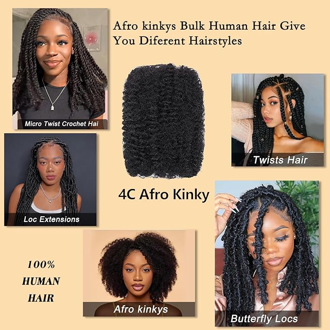 Afro Kinkys Bulk Human Hair for Dreadlock Extensions Repair Locs Afro Kinky-Curly Bulk Human Hair for Mini Twist 100% Real Human Hair for Braiding Micro Locs Extensions 16Inch(1B,35g/pack)