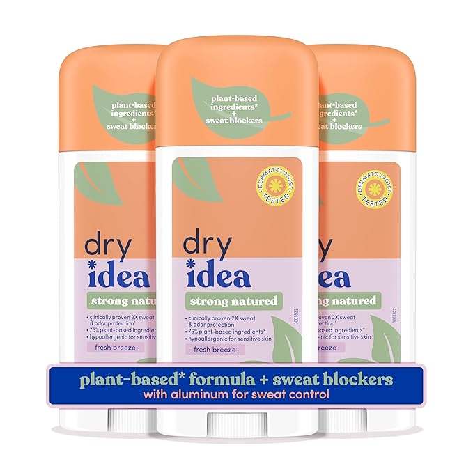 Dry Idea Plant Based Antiperspirant with Aluminum Sweat Blockers Invisible Solid Deodorant for Women – Fresh Breeze Scent, 2X Longer Sweat Protection, 72Hr Sweat & Odor Control for Sensitive Skin, 3pk