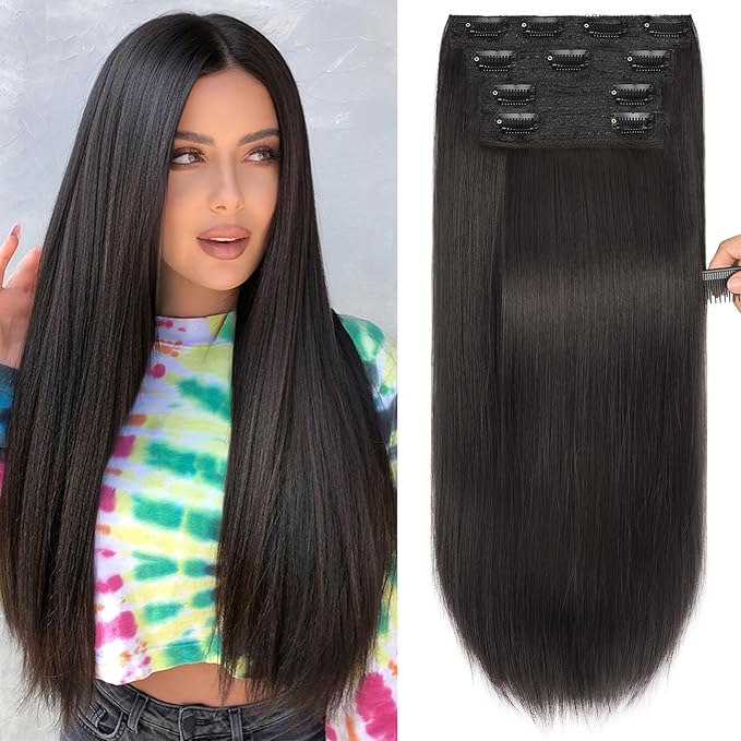 Hair Extensions,Clip in Hair Extensions Darck Brown Long Straight 4PCS Hairpieces Natural Soft Fiber Double Weft Hair for women 22 Inch