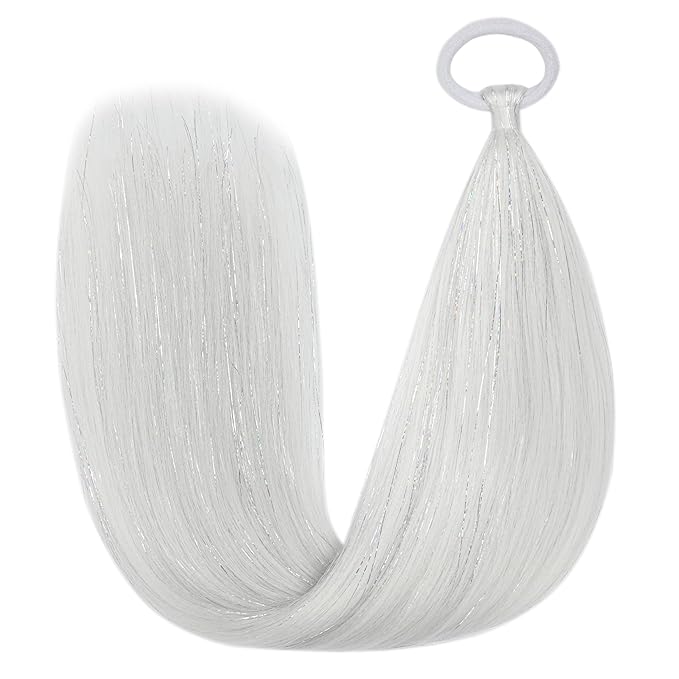 White Hair Extensions for Braids Ponytail Extension 2 Packs, 20 inch Crazy Hair Day Accessories for Women, DIY Festival Wacky Rave Braids,Tinsel Mixed