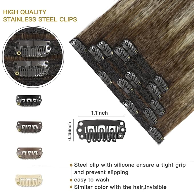 Clip in Hair Extensions Chestnut Brown Balayage to Platinum Blonde Mix Brown Real Human Hair Medium Brown Ombre Hair Extensions Remy Human Hair Clip in Extensions 12 Inch 5Pcs 80g