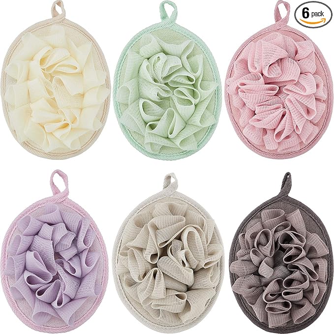 Boao 6 Pcs Bath Shower Pouf Sponge Mesh Pouf Shower Ball Exfoliating Body Sponge Pad Scrubber Glove with Flower Bath Ball (Multi-Color)