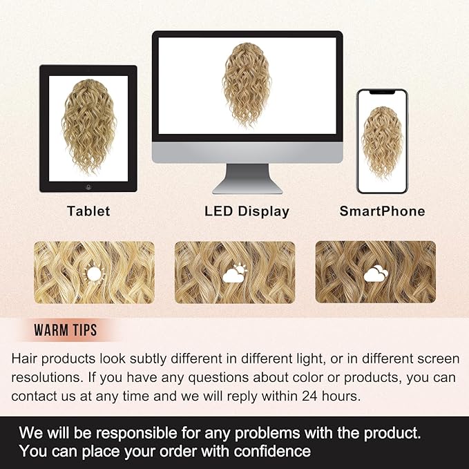 FLUFYMOOZ Ponytail Extension, 12" Short Claw Ponytail Extension Wavy Curly Jaw Clip in Pony tails Hair Extension Natural Synthetic Hairpiece for Women (Golden Blonde with Highlights)