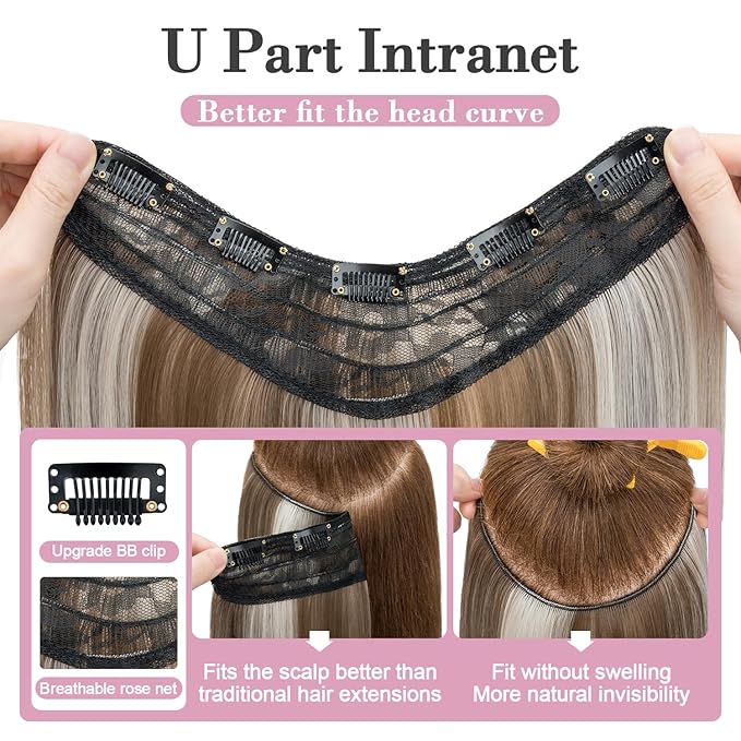 S-noilite One Piece Clip in Hair Extensions Balayage 18 Inch U-Shaped One Piece Weft Hair Extensions with 5 Clips Synthetic 3/4 Full Head Long Straight Clip in Hairpieces for Women,#18TP60A