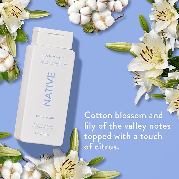 Native Body Wash Contains Naturally Derived Ingredients | For Women & Men, Sulfate, Paraben, & Dye Free Leaving Skin Soft and Hydrating | Cotton & Lily 18 oz