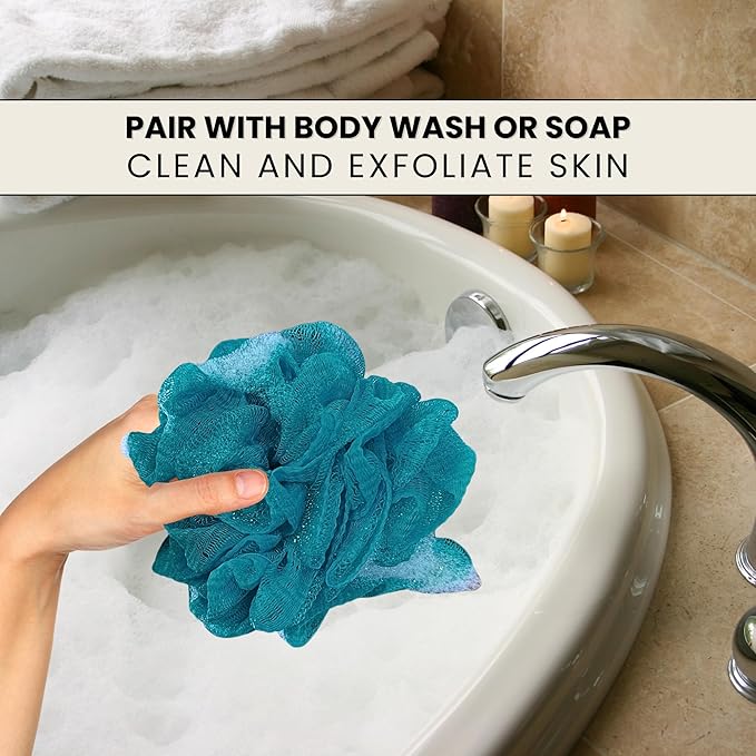 Large Bath Sponge Pack of 3 – Gentle Exfoliation Loofahs with Suction Cup for Easy Drying, Soft 70G Mesh Poufs for All Skin Types, Lather for Daily Use (Tropical Green)