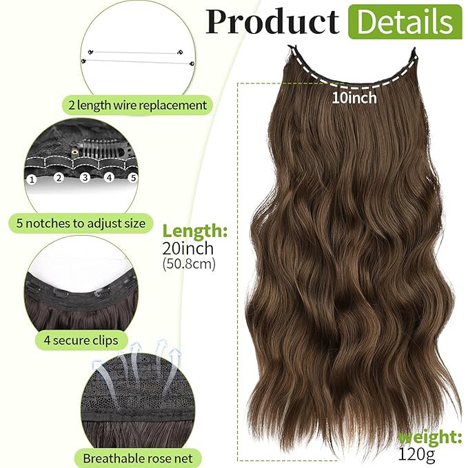 KooKaStyle Invisible Wire Hair Extensions with Transparent Wire Long Wavy Synthetic Hairpiece with 4 Secure Clips Adjustable Secret Headband for Women(20 Inch Chestnut Brown)
