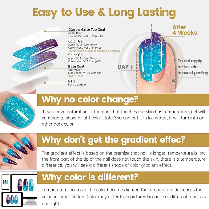YTD Likomey Color Changing Gel Nail Polish,15ml Turquoise Blue to Deep Purple Brocade Glitter Mood Temperature Change Colors Fall Winter Thermal Ombre Sparkle UV Varnish,HEMA Free TPO Free,WB505