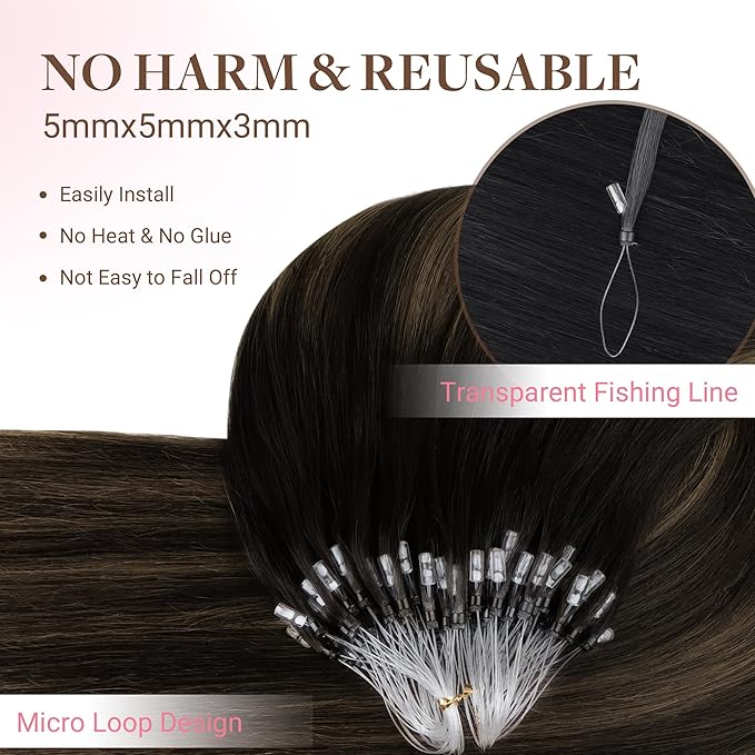 GOO GOO Micro Link Hair Extensions Real Human Hair, Upgraded 100g 100S, 24 Inch Cold Fusion Microlinks, Invisible Remy Hair, 1B/6/1B Balayage Natural Black to Chestnut Brown