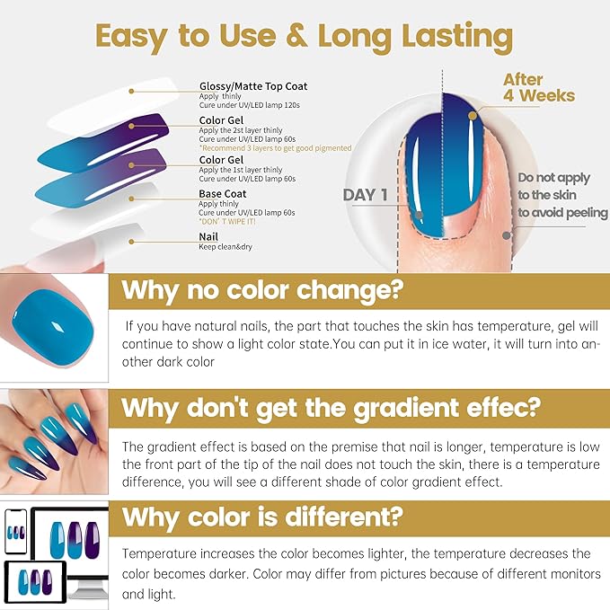 YTD Likomey Color Changing Gel Nail Polish 2 Pcs Set,15ml Turquoise To Dark Purple Color and Glitter Nails Gel Kit,Thermal Ombre Change Colors Salon Manicure Fall Winter UV Nail Varnish,WB2-6