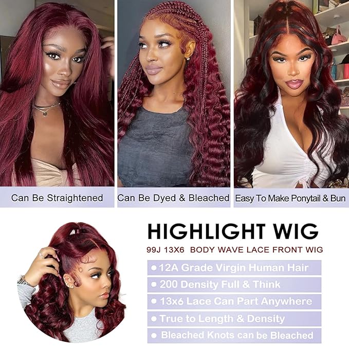 99j Burgundy 13x6 Body Wave Lace Front Wigs Human Hair 200% Density Glueless HD Transparent Lace Frontal Wigs Human Hair Pre Plucked With Baby Hair Burgundy Wine Red Wigs For Women 38 Inch