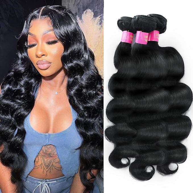 12A Body Wave Human Hair Bundles 16 18 20 Inch 100% Unprocessed Brazilian Virgin Hair Weave 3 Bundles Wavy Human Hair Bundles Natural Black