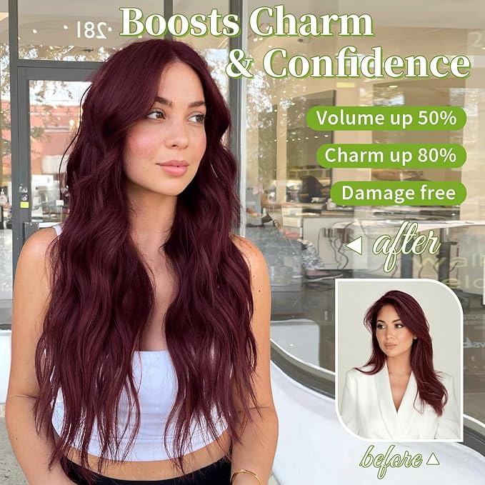 KooKaStyle Invisible Wire Hair Extensions with Transparent Wire Adjustable Size 4 Secure Clips Long Wavy Secret Hairpiece (20 Inch, Burgundy)