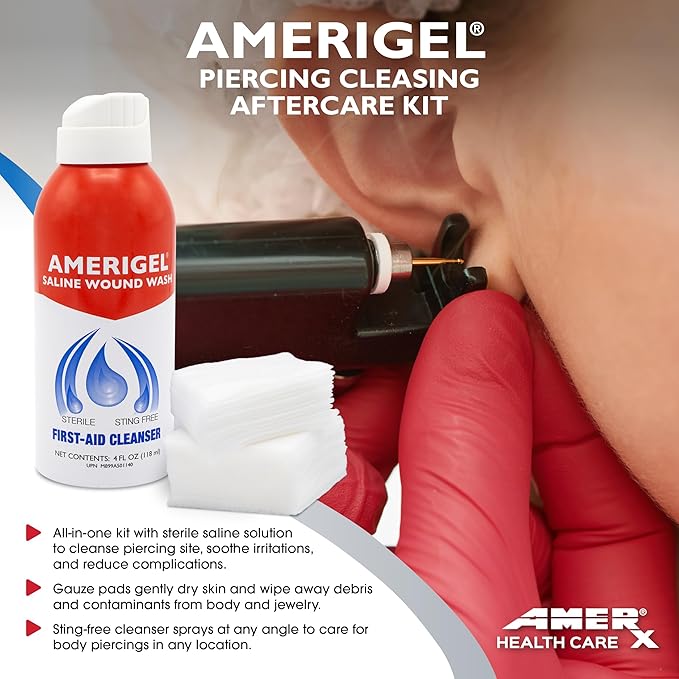 AMERIGEL Piercing Cleansing Aftercare Kit- Saline Wound Wash (4 oz.) + 2x2” Gauze Pads (Qty. 30) | Sterile Cleansing | Sterile Solution | Body Piercing | Body Modification | Portable and Compact