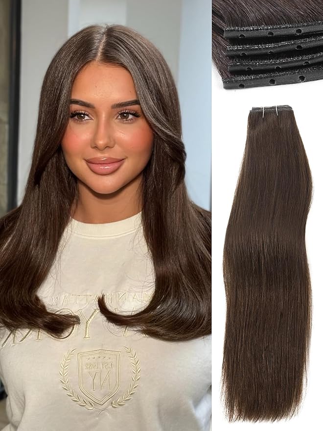 WIGNEE Double Invisible PU OVO Human Hair Extensions 100% Remy Hair Weft Brown Hair Extensions Human Hair 2 PCS 14 Inch No Glue Genius Weft Micro Bead Real Human Hair Extensions (2)