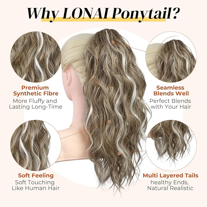 LONAI Ponytail Extension, 18" Wavy Claw Clip Ponytail Extensions ZJ001 Curly Wavy Claw Clip in Hair Extensions Synthetic Fake Pony tails Hairpieces-Ash Brown with Blonde Highlights
