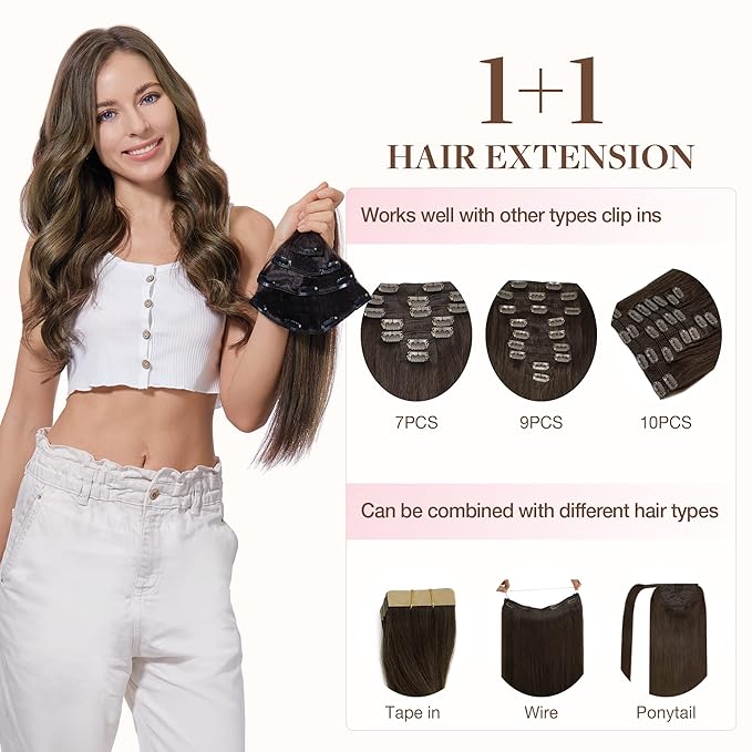 GOO GOO Clip in Hair Extensions Real Human Hair, Remy Human Hair Extensions Clip ins for Women, Natural Human Hair, 16inch 65g 4Pcs, 4/27/4 Balayage Chocolate Brown to Caramel Blonde