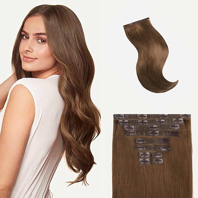 Luxy 100% Remy Human Hair - Seamless Clip-In Hair Extensions - Multi-Dimensional Color for Natural Blending, Adds Volume & Length 240 grams 24" Chestnut Brown Seamless