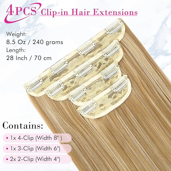 REECHO 28" Straight Long 4 PCS Set Thick Clip in on Hair Extensions - Golden Blonde with Highlights