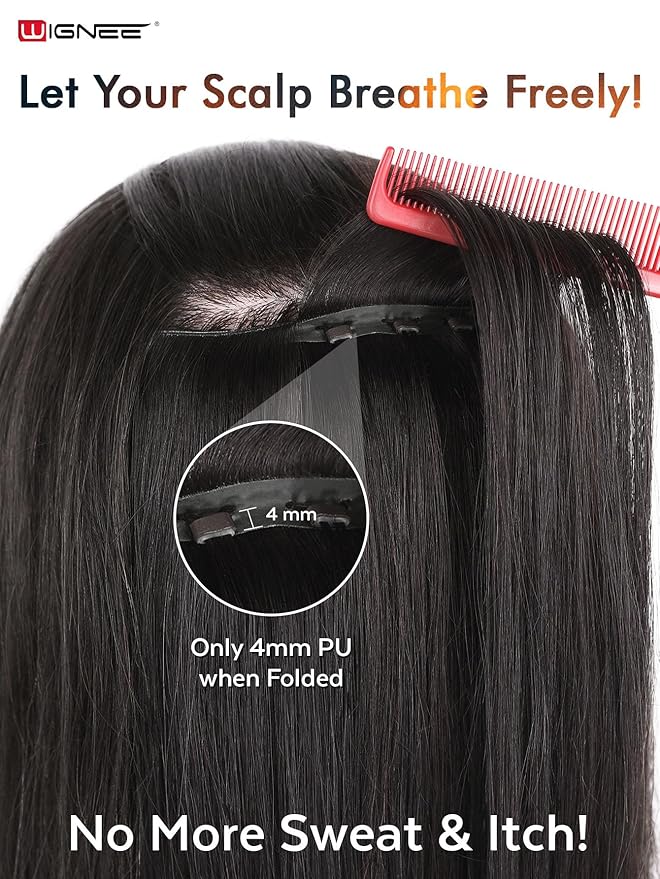 WIGNEE OVO Black Hair Extensions 20 Inch,100% Remy Human Hair,Double Hand-Tied Genius Glueless Weft,Seamless Soft Silky Hair Extensions,Add Volume for Thin Hair,Reusable Salon Quality for White Women