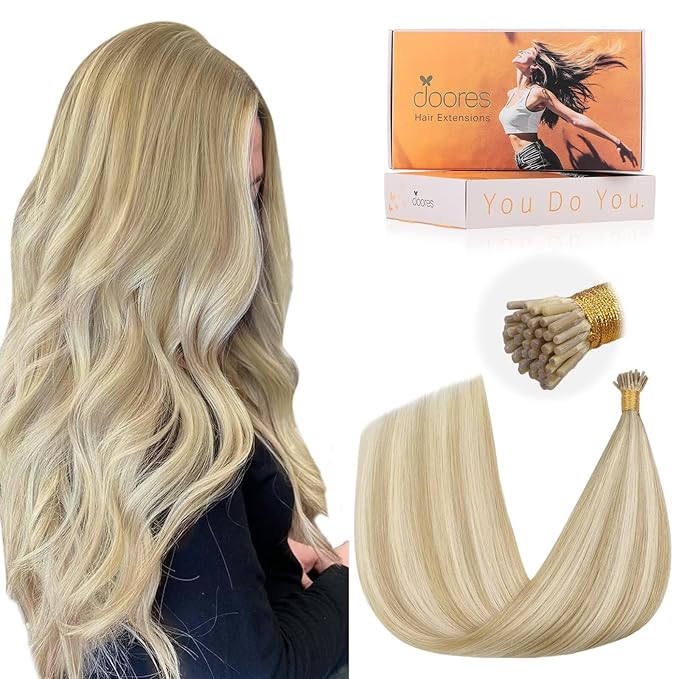 DOORES I Tip Hair Extensions Human Hair, Dark Blonde Highlighted Bleach Blonde, 24 Inch, Straight, Fusion Installation