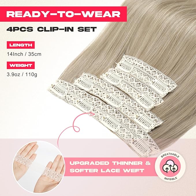 Hair Extensions, 14" Short Clip in Hair Extensions 4PCS Straight Natural Soft Synthetic Hairpiece for Women - Ash Brown with Highlights