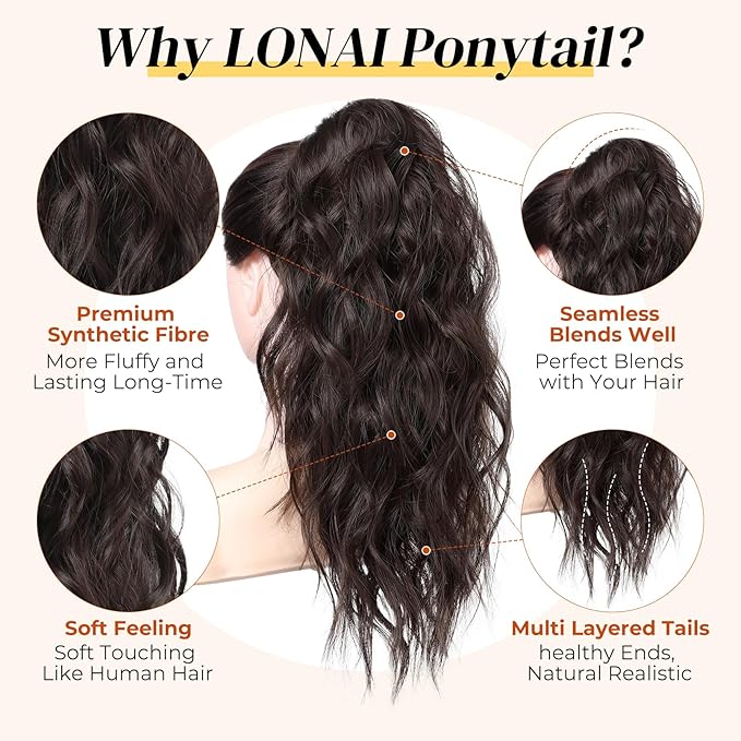 LONAI Ponytail Extension, 18" Wavy Claw Clip Ponytail Extensions ZJ001 Curly Wavy Claw Clip in Ponytail Hair Extensions Synthetic Fake Pony tails Hairpieces-Dark Reddish Brown