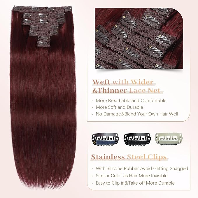 Sisily Clip in Hair Extensions Real Human Hair, Premium Human Hair Clip in Extensions Burgundy Red, Soft Straight Hair Extensions Real Human Hair Clip ins 7PCS Double Weft（18 Inch）
