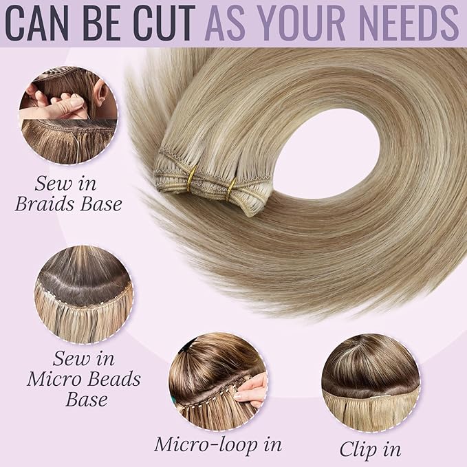 Fshine Hand Tied Weft Hair Extensions Human Hair Highlight Ash Blonde and Golden Blonde Weft Hair Extensions Soft and Light Weight Remy Hair Specially for Your Fashionable Hairstyle 24 Inch 100g