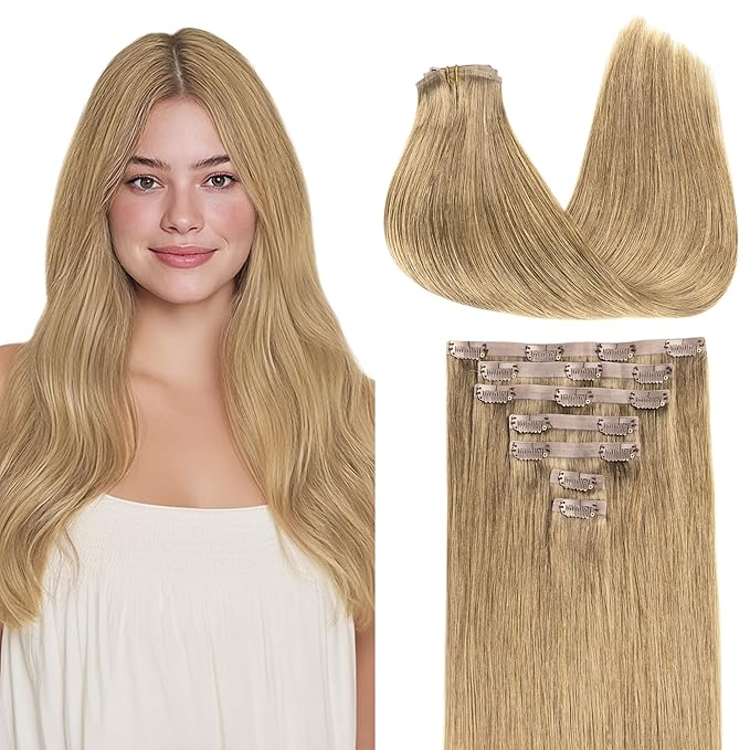 GOO GOO Clip in Hair Extensions Real Human Hair, Remy Human Hair Extensions Clip ins for Women, Natural Human Hair, 16inch 130g 7Pcs, 7 Bronde