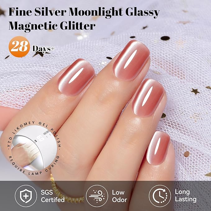 YTD Likomey Cat Eye Gel Nail Polish,Silk Glass 15ml Nude Pink Magnetic Shimmer Glitter Moonlight Jelly Shiny Salon Home Fall Winter UV Color Varnish with Magnet Stick,HEMA Free TPO Free,MY503