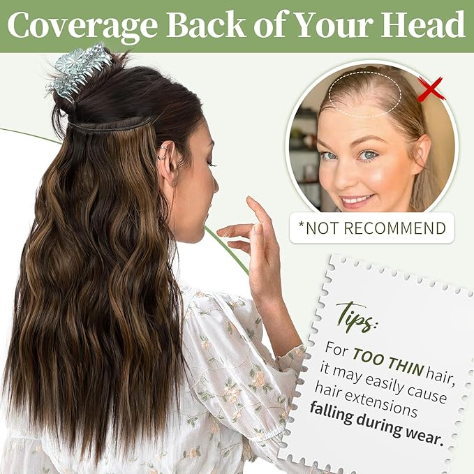KooKaStyle Invisible Wire Hair Extensions with Transparent Wire Headband Adjustable Size 4 Secure Clips H2/426#Balayage Dark Brown with Chestnut Long Wavy Hairpiece 16 Inch for Women