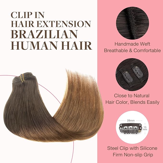 GOO GOO Clip in Hair Extensions Real Human Hair, Remy Human Hair Extensions Clip ins for Women, Natural Human Hair, 16inch 120g 7Pcs, 1D/2C/4E Chocolate Dip Color Melt