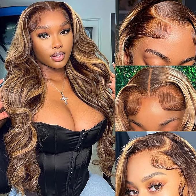 250% Density Highlight Ombre Glueless Wigs Human Hair Pre Plucked Pre Cut 5x5 HD Lace Closure Wigs Human Hair 4/27 Colored Honey Blonde Body Wave Lace Front Wigs 34 Inch