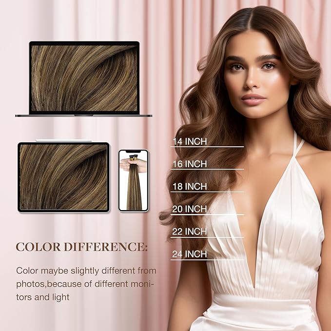 GOO GOO I Tip Hair Extensions Real Human Hair, 16inch 100g 200S, Cold Fusion I Tip Hair Extensions, Invisible Remy Hair Extensions, 4D/14/5B Brunette Balayage