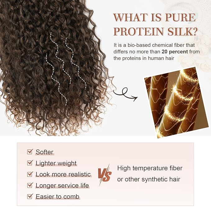 Clip in Hair Extensions, FLUFYMOOZ 4PC 100％ Pure Protein Silk Hair Extensions Long Soft Natural Hairpiece 16 Inch Curly Hair Extension for Women (Dark Almond brown with copper)