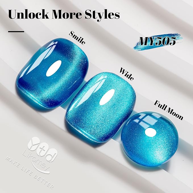 YTD Likomey High Shine Glass Cat Eye Gel Nail Polish,15ml Bright Blue Magnetic Shimmer Glitter Translucent Jelly Salon Home Fall Winter UV Color Varnish with Magnet Stick,HEMA Free TPO Free,MY505