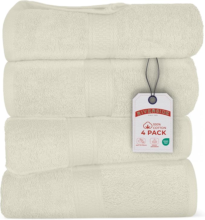 RIVERSIDE 100% Ring Spun Cotton Large Bath Towels Set of 4, 27 x 54 Inches – Quick Dry, Soft & Highly Absorbent Towels for Shower & Bathroom – Luxury 600 GSM Towels for Home, Spa, Gym, Cannoli Cream