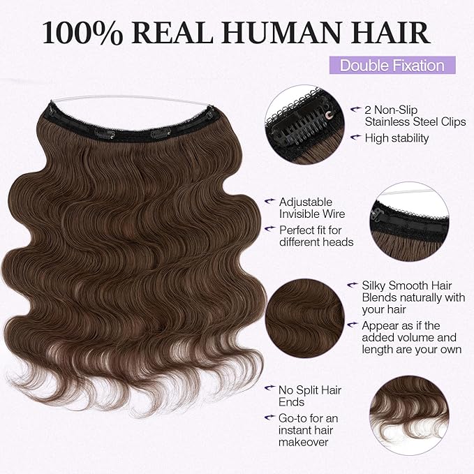Halo Hair Extensions Real Human Hair,Halo Hair Extension 100% Human Hair,Wire Hair Extensions,Wavy Natural Brown 20inch/70g