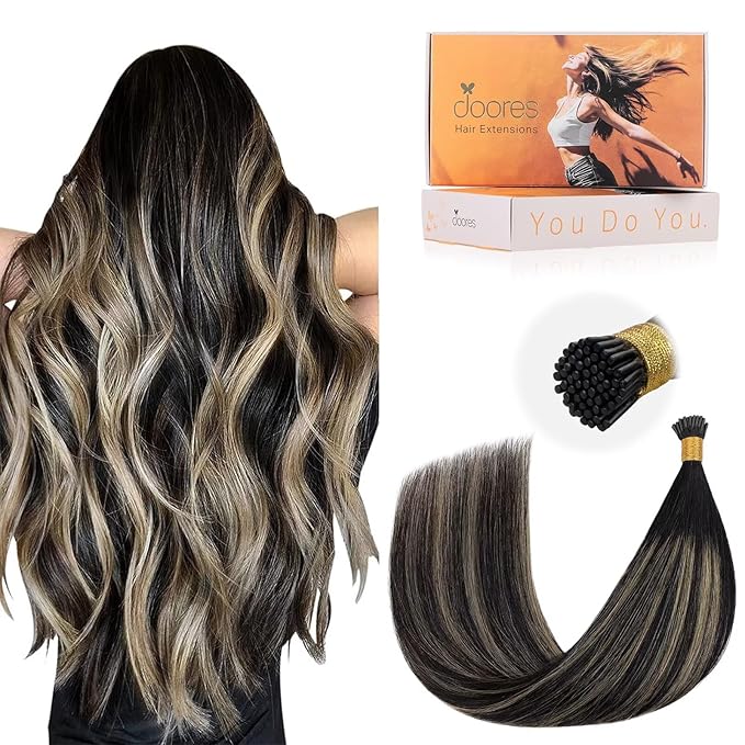 DOORES Itips Real Human Hair Extensions, Balayage Natural Black to Light Blonde, 20 Inch, 50g/50s, I Tip Hair Extensions for Women, Straight Remy Hair Extensions