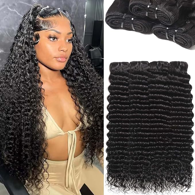 12A Deep Wave Bundles 4 Pcs Human Hair 16 18 20 22 Inch Deep Curly Human Hair Bundles 100% Unprocessed Virgin Hair Bundles xtensions Natural Black
