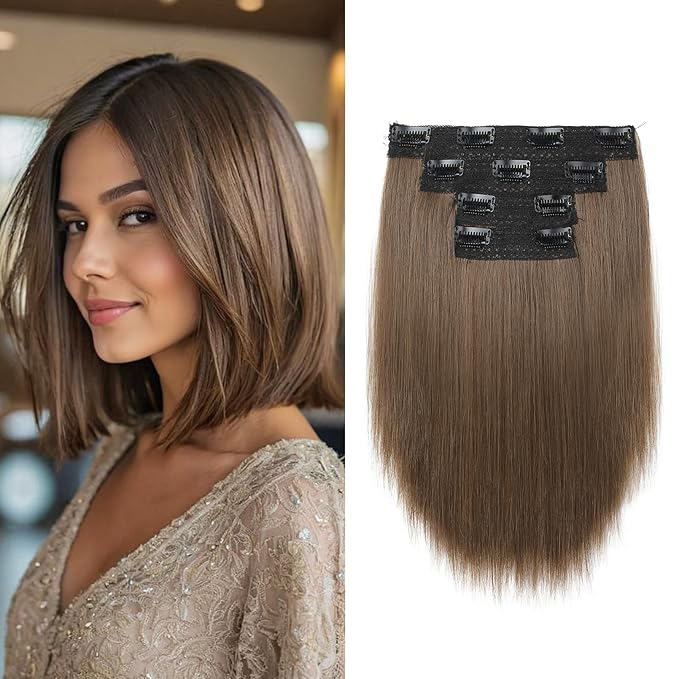 Hair Extensions, 10" Short Clip in Hair Extensions 4PCS Straight Natural Soft Synthetic Hairpiece for Women- Light Brown