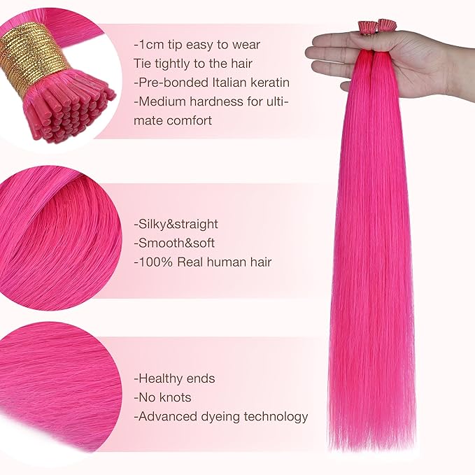 GOO GOO Colored I Tip Hair Extensions, Real Human Hair, 14inch 50g 100S, Cold Fusion I Tip, Invisible Remy, Hot Pink