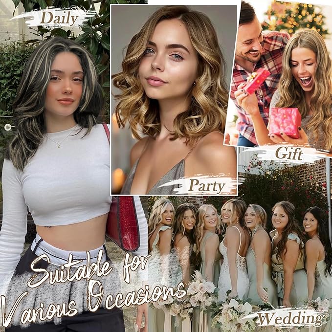 BARSDAR Black and Blonde Clip in Hair Extensions - Short Wavy Clip in Hair Extensions for Women - 12 Inch 6 PCS Voluminous Thick Soft Synthetic Beach Wave Black Blonde Highlights Hairpieces