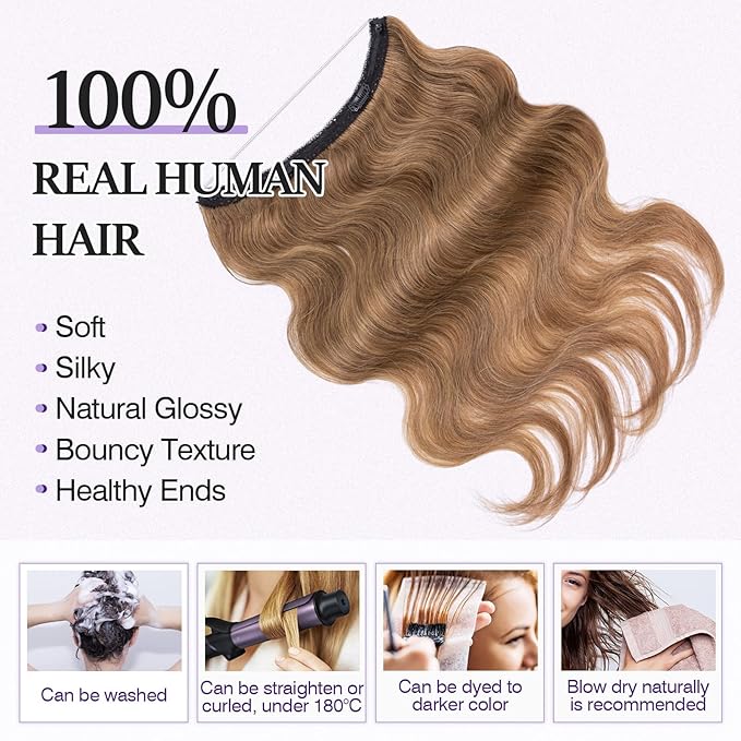 Halo Hair Extensions Real Human Hair,Halo Hair Extension 100% Human Hair,Wire Hair Extensions,Wavy 06 Light Brown 22 inch/75g