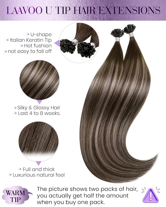 LaaVoo U Tip Hair Extensions Human Hair Dark Brown Mix Ash Brown K Tip Hair Extensions Hot Fusion Balayage 50g/s 22 Inch
