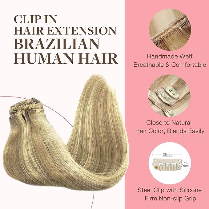 GOO GOO Clip in Hair Extensions Real Human Hair, Remy Human Hair Extensions Clip ins for Women, Natural Human Hair, 20inch 160g 7Pcs, #16/22 Light Blonde Highlighted Golden Blonde