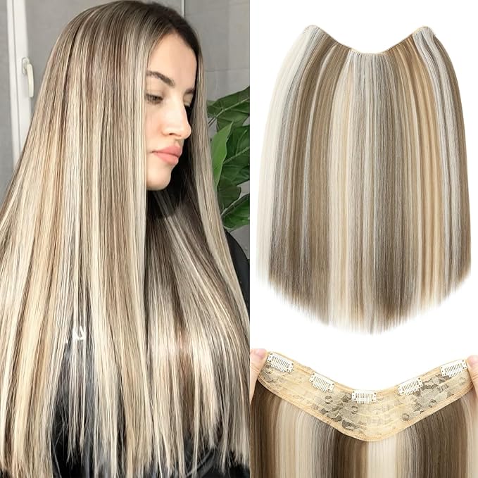 S-noilite One Piece Clip in Hair Extensions Balayage 18 Inch U-Shaped One Piece Weft Hair Extensions with 5 Clips Synthetic 3/4 Full Head Long Straight Clip in Hairpieces for Women,#620P60L