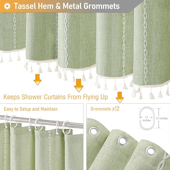 BTTN Boho Farmhouse Shower Curtain - Linen Rustic Heavy Duty Striped Fabric Shower Curtain Set, Bohemian Vintage Country Cloth Shower Curtains for Bathroom, Sage Green, 72" W x 78" L (Pack of 1)