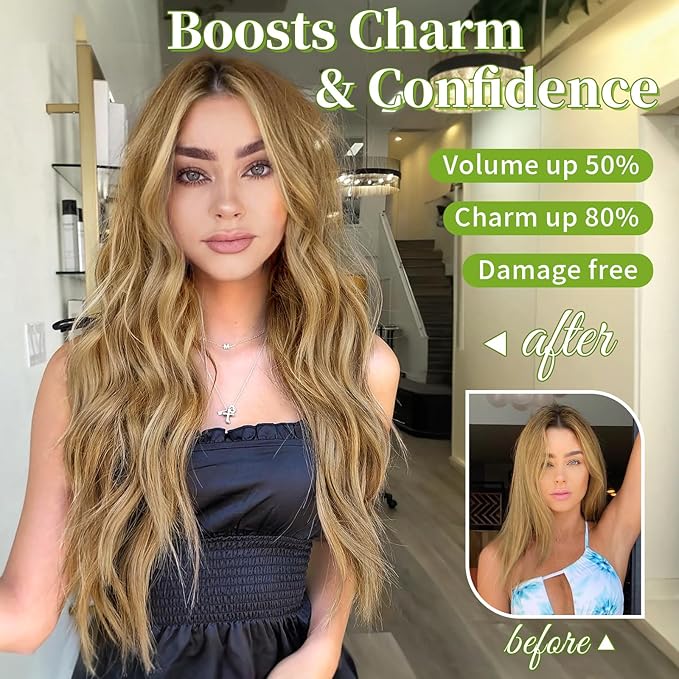 KooKaStyle Invisible Wire Hair Extensions with Transparent Headband Adjustable Size 4 Secure Clips Long Wavy Secret Wire Hairpiece 24 Inch 112#Honey Blonde for Women